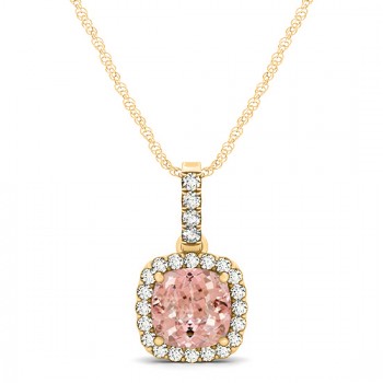 Pink Morganite & Diamond Halo Cushion Pendant Necklace 14k Yellow Gold (0.76ct)