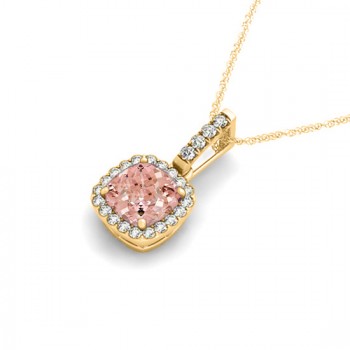 Pink Morganite & Diamond Halo Cushion Pendant Necklace 14k Yellow Gold (0.76ct)