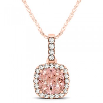 Pink Morganite & Diamond Halo Cushion Pendant Necklace 14k Rose Gold (1.96ct)