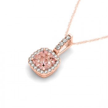Pink Morganite & Diamond Halo Cushion Pendant Necklace 14k Rose Gold (1.96ct)