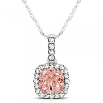 Pink Morganite & Diamond Halo Cushion Pendant Necklace 14k White Gold (1.96ct)