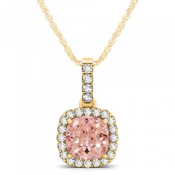 Pink Morganite & Diamond Halo Cushion Pendant Necklace 14k Yellow Gold (1.96ct)