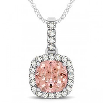 Pink Morganite & Diamond Halo Cushion Pendant Necklace 14k White Gold (4.05ct)