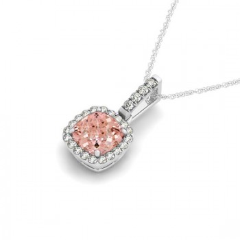 Pink Morganite & Diamond Halo Cushion Pendant Necklace 14k White Gold (4.05ct)