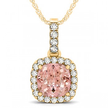 Pink Morganite & Diamond Halo Cushion Pendant Necklace 14k Yellow Gold (4.05ct)