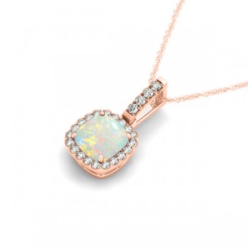 Opal & Diamond Halo Cushion Pendant Necklace 14k Rose Gold (0.71ct)