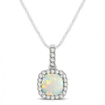 Opal & Diamond Halo Cushion Pendant Necklace 14k White Gold (0.71ct)