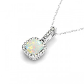 Opal & Diamond Halo Cushion Pendant Necklace 14k White Gold (0.71ct)
