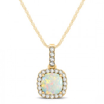 Opal & Diamond Halo Cushion Pendant Necklace 14k Yellow Gold (0.71ct)