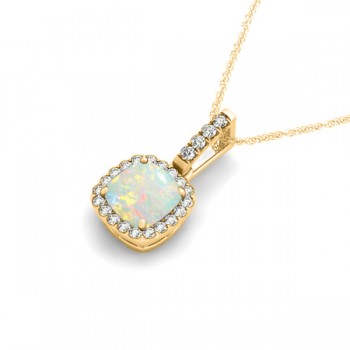 Opal & Diamond Halo Cushion Pendant Necklace 14k Yellow Gold (0.71ct)