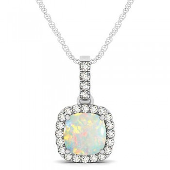 Opal & Diamond Halo Cushion Pendant Necklace 14k White Gold (1.55ct)