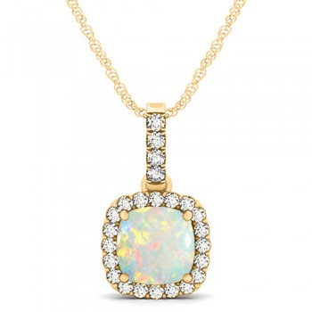 Opal & Diamond Halo Cushion Pendant Necklace 14k Yellow Gold (1.55ct)