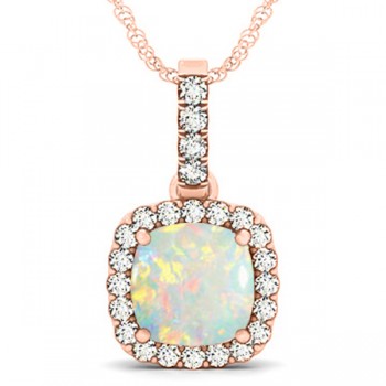 Opal & Diamond Halo Cushion Pendant Necklace 14k Rose Gold (4.05ct)
