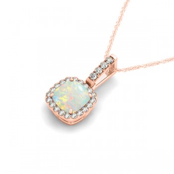 Opal & Diamond Halo Cushion Pendant Necklace 14k Rose Gold (4.05ct)
