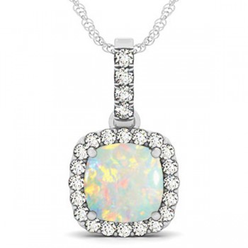 Opal & Diamond Halo Cushion Pendant Necklace 14k White Gold (4.05ct)