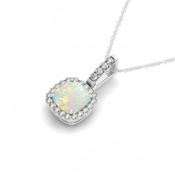 Opal & Diamond Halo Cushion Pendant Necklace 14k White Gold (4.05ct)