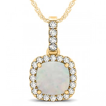 Opal & Diamond Halo Cushion Pendant Necklace 14k Yellow Gold (4.05ct)