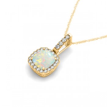 Opal & Diamond Halo Cushion Pendant Necklace 14k Yellow Gold (4.05ct)