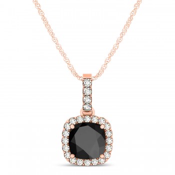 Black Onyx & Diamond Halo Cushion Pendant Necklace 14k Rose Gold (0.66ct)