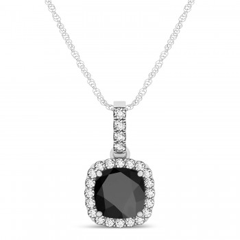 Black Onyx & Diamond Halo Cushion Pendant Necklace 14k White Gold (0.66ct)