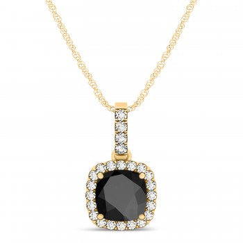 Black Onyx & Diamond Halo Cushion Pendant Necklace 14k Yellow Gold (0.66ct)
