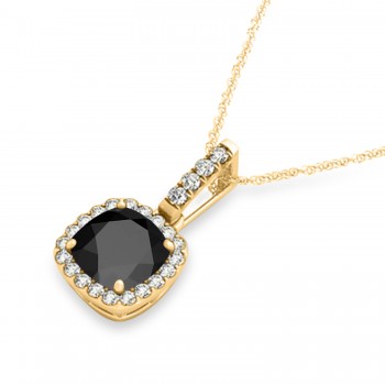 Black Onyx & Diamond Halo Cushion Pendant Necklace 14k Yellow Gold (0.66ct)