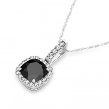 Black Onyx & Diamond Halo Cushion Pendant Necklace 14k White Gold (1.66ct)