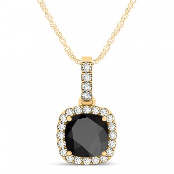 Black Onyx & Diamond Halo Cushion Pendant Necklace 14k Yellow Gold (1.66ct)