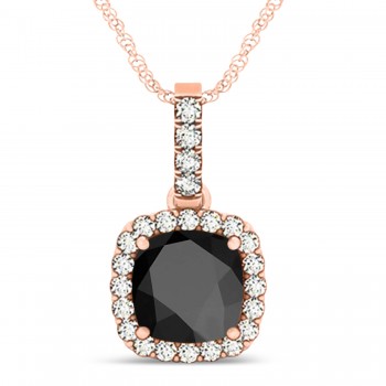 Black Onyx & Diamond Halo Cushion Pendant Necklace 14k Rose Gold (4.05ct)