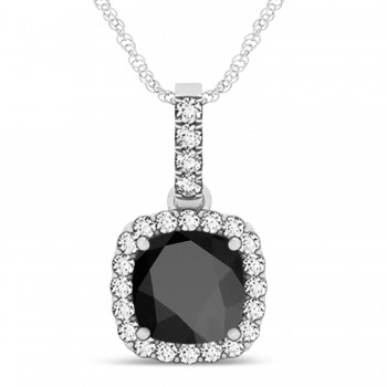 Black Onyx & Diamond Halo Cushion Pendant Necklace 14k White Gold (4.05ct)