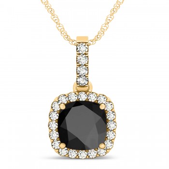 Black Onyx & Diamond Halo Cushion Pendant Necklace 14k Yellow Gold (4.05ct)