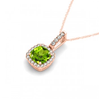 Peridot & Diamond Halo Cushion Pendant Necklace 14k Rose Gold (0.75ct)