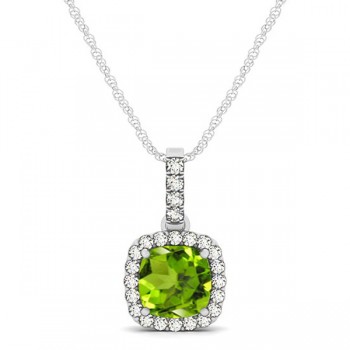 Peridot & Diamond Halo Cushion Pendant Necklace 14k White Gold (0.75ct)