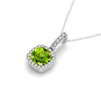 Peridot & Diamond Halo Cushion Pendant Necklace 14k White Gold (0.75ct)