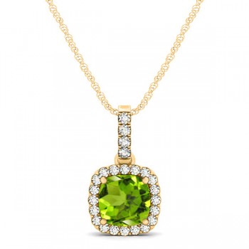 Peridot & Diamond Halo Cushion Pendant Necklace 14k Yellow Gold (0.75ct)