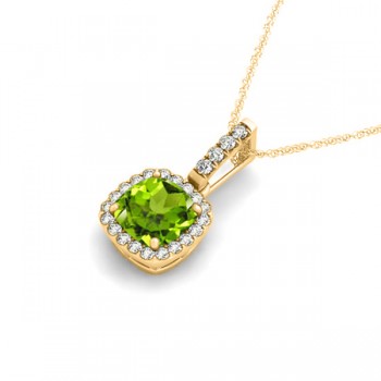 Peridot & Diamond Halo Cushion Pendant Necklace 14k Yellow Gold (0.75ct)