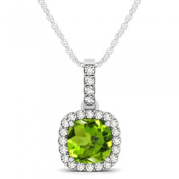 Peridot & Diamond Halo Cushion Pendant Necklace 14k White Gold (1.66ct)