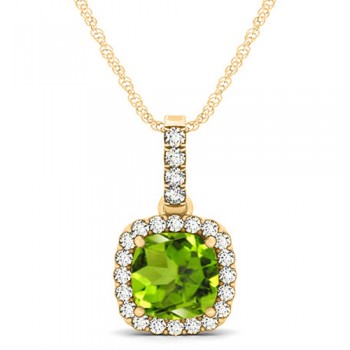 Peridot & Diamond Halo Cushion Pendant Necklace 14k Yellow Gold (1.66ct)