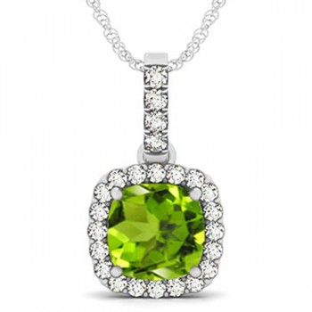 Peridot & Diamond Halo Cushion Pendant Necklace 14k White Gold (4.05ct)