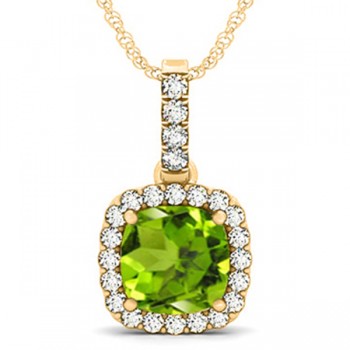 Peridot & Diamond Halo Cushion Pendant Necklace 14k Yellow Gold (4.05ct)