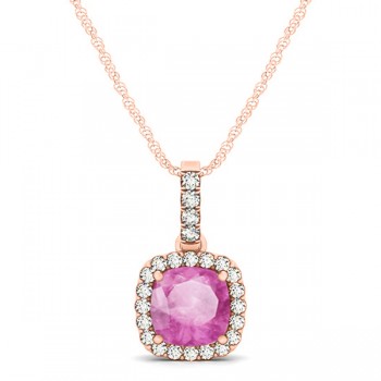 Pink Sapphire & Diamond Halo Cushion Pendant Necklace 14k Rose Gold (0.85ct)