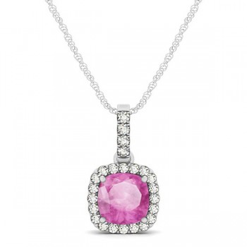 Pink Sapphire & Diamond Halo Cushion Pendant Necklace 14k White Gold (0.85ct)