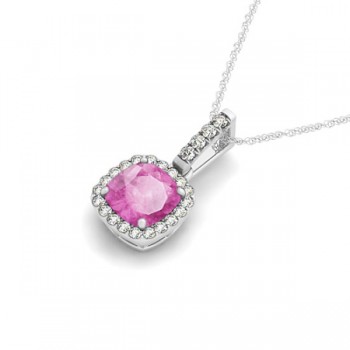 Pink Sapphire & Diamond Halo Cushion Pendant Necklace 14k White Gold (0.85ct)