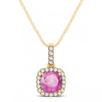 Pink Sapphire & Diamond Halo Cushion Pendant Necklace 14k Yellow Gold (0.85ct)