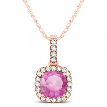 Pink Sapphire & Diamond Halo Cushion Pendant Necklace 14k Rose Gold (1.94ct)