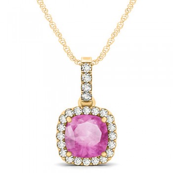 Pink Sapphire & Diamond Halo Cushion Pendant Necklace 14k Yellow Gold (1.94ct)