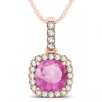 Pink Sapphire & Diamond Halo Cushion Pendant Necklace 14k Rose Gold (4.05ct)