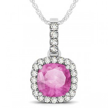 Pink Sapphire & Diamond Halo Cushion Pendant Necklace 14k White Gold (4.05ct)