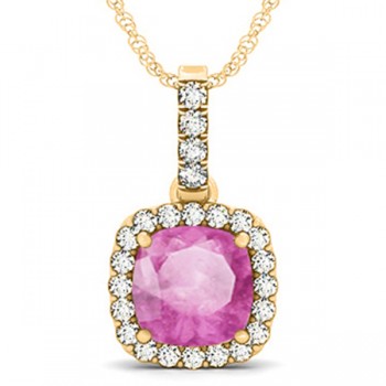 Pink Sapphire & Diamond Halo Cushion Pendant Necklace 14k Yellow Gold (4.05ct)