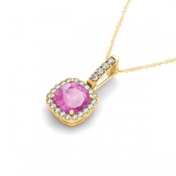 Pink Sapphire & Diamond Halo Cushion Pendant Necklace 14k Yellow Gold (4.05ct)